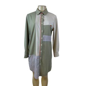 Kayra Womens Green Multicolor Striped Shirt Dress Long Sleeve Size 38